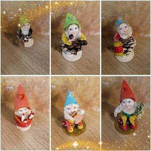 Shiny Brite Christmas Gnomes Dwarfs Pixie Set Rare Find Vintage Putz Pinecone